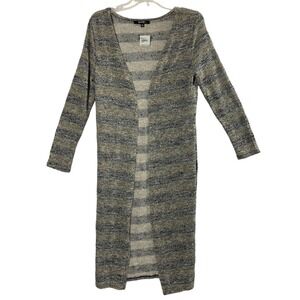 Womens Long Cardigan Sz Medium Stripe Metallic Gold Thread Open Front Sweater‎